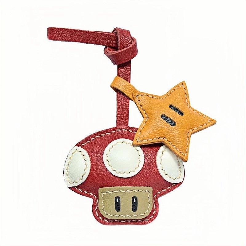Mushroom & Star Handcrafted Leather Bag Charm – Whimsical Design, Full - Grain Goatskin, Playful Accessory for Bags or Keys, Perfect Gift for Her - Tomlynam