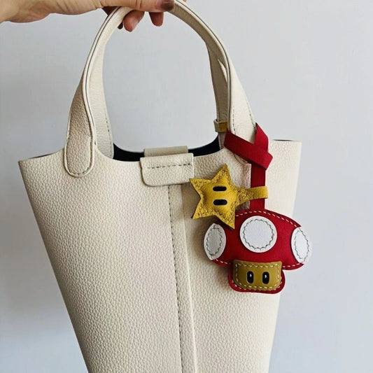 Mushroom & Star Handcrafted Leather Bag Charm – Whimsical Design, Full - Grain Goatskin, Playful Accessory for Bags or Keys, Perfect Gift for Her - Tomlynam