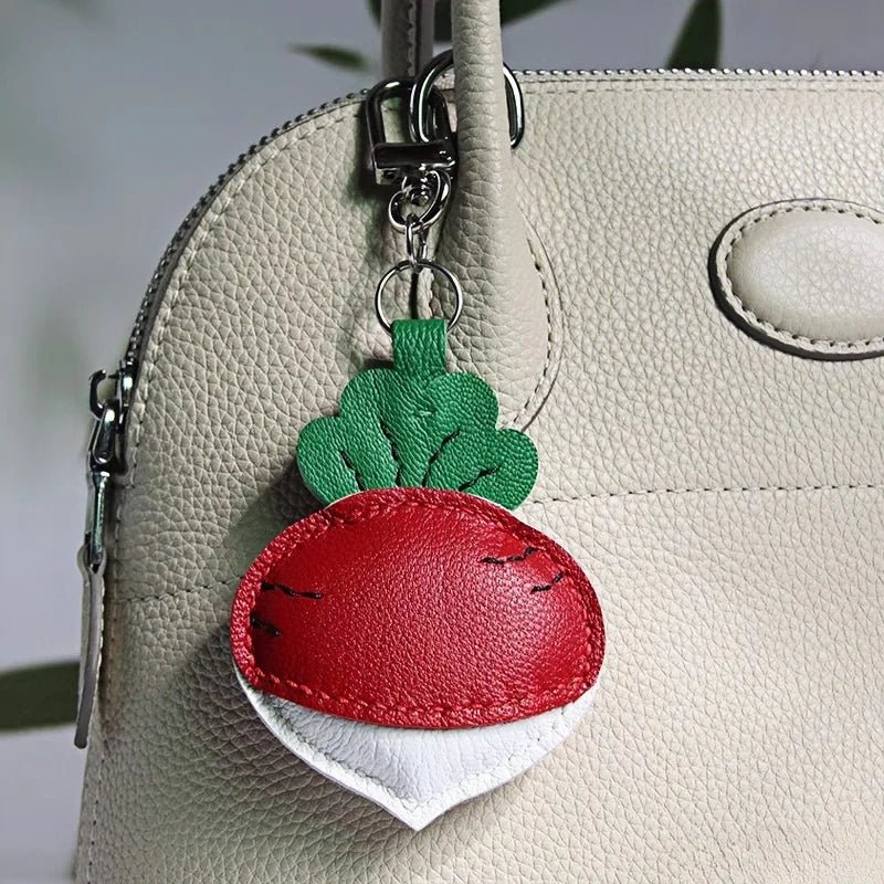 Original Design Leather Carrot Bag Charm – Handmade Lambskin Pendant, Cute Whimsical Keychain Accessory - Tomlynam