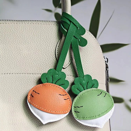 Original Design Leather Carrot Bag Charm – Handmade Lambskin Pendant, Cute Whimsical Keychain Accessory - Tomlynam