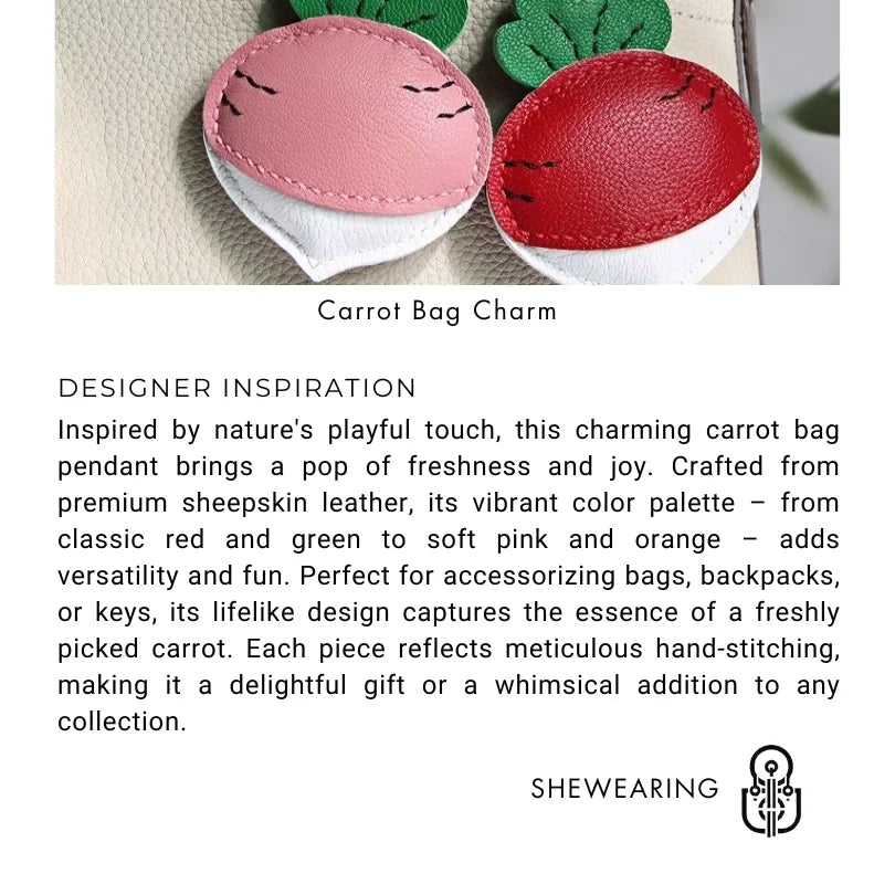 Original Design Leather Carrot Bag Charm – Handmade Lambskin Pendant, Cute Whimsical Keychain Accessory - Tomlynam