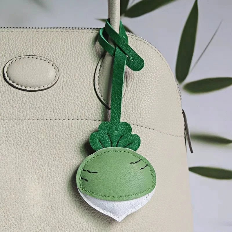 Original Design Leather Carrot Bag Charm – Handmade Lambskin Pendant, Cute Whimsical Keychain Accessory - Tomlynam