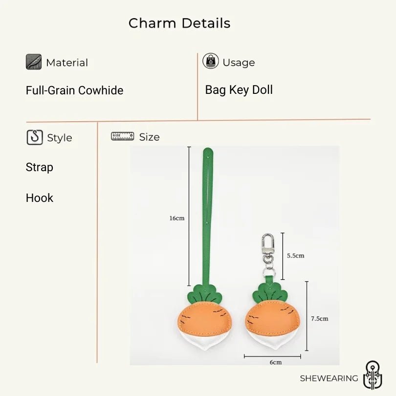 Original Design Leather Carrot Bag Charm – Handmade Lambskin Pendant, Cute Whimsical Keychain Accessory - Tomlynam