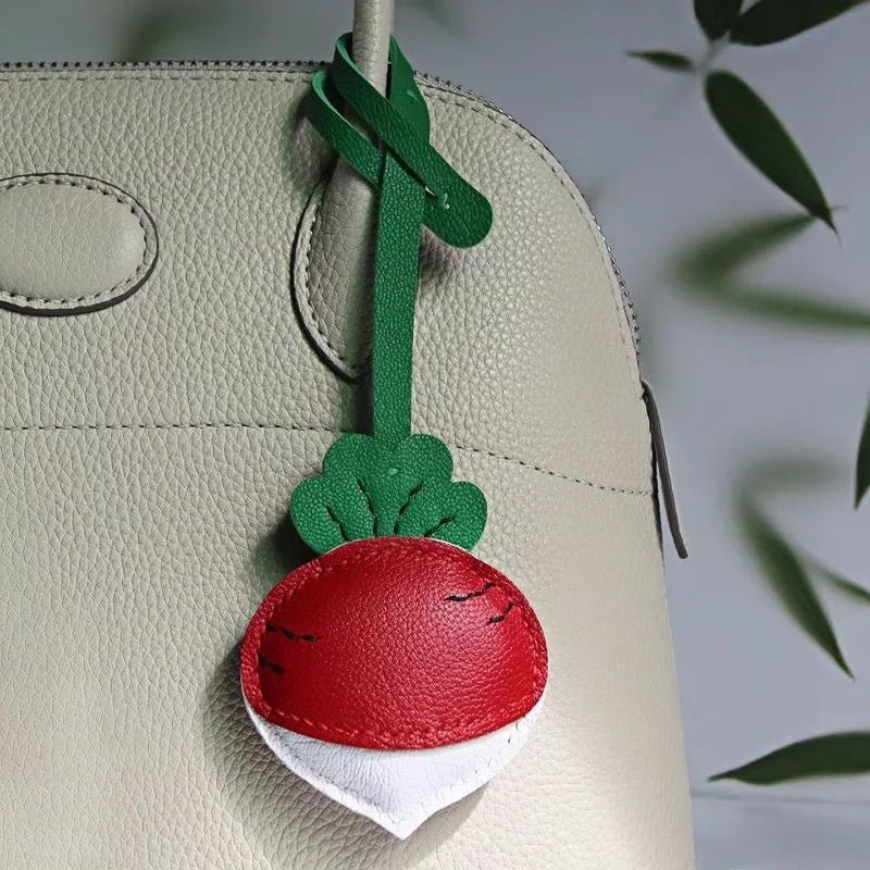 Original Design Leather Carrot Bag Charm – Handmade Lambskin Pendant, Cute Whimsical Keychain Accessory - Tomlynam