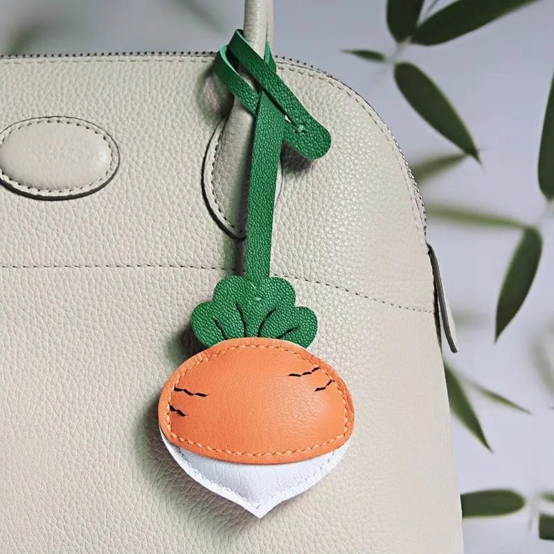 Original Design Leather Carrot Bag Charm – Handmade Lambskin Pendant, Cute Whimsical Keychain Accessory - Tomlynam