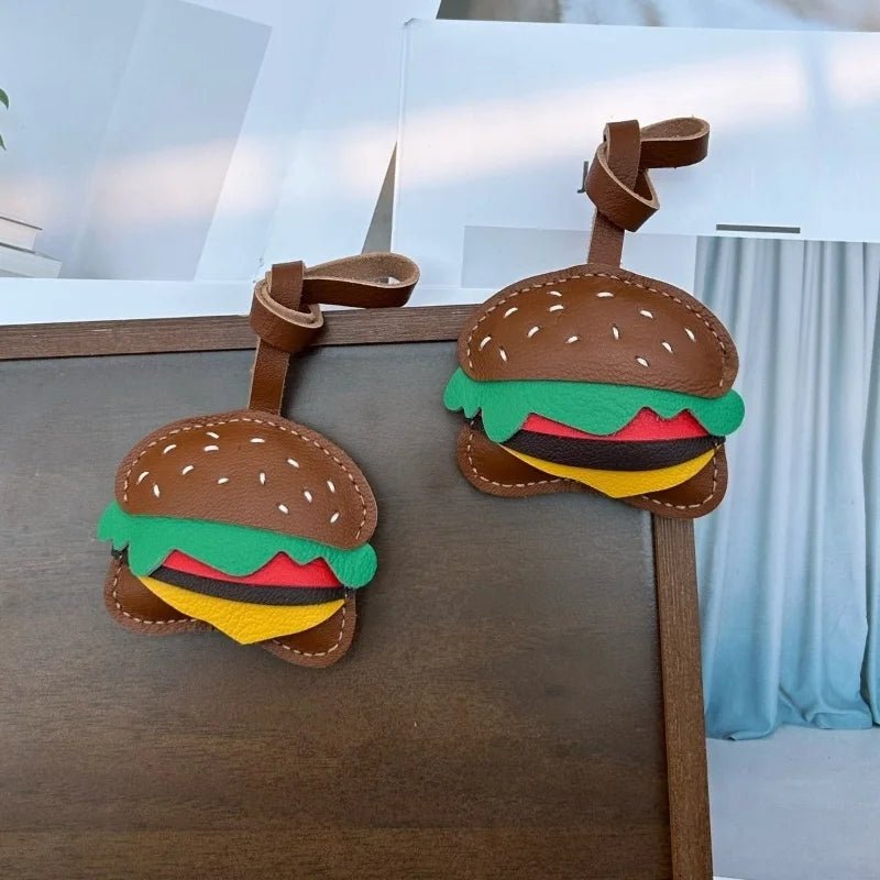 Playful Burger Leather Bag Charm – Handmade Full - Grain Leather Pendant | Creative Fast - Food Accessory | Cute Gift for Women & Couples - Tomlynam