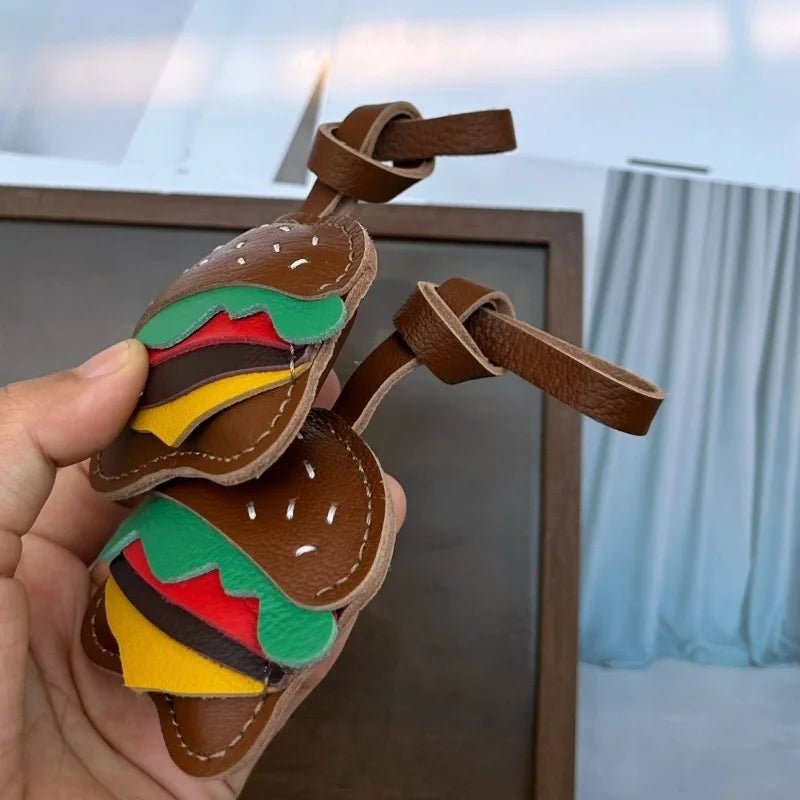 Playful Burger Leather Bag Charm – Handmade Full - Grain Leather Pendant | Creative Fast - Food Accessory | Cute Gift for Women & Couples - Tomlynam