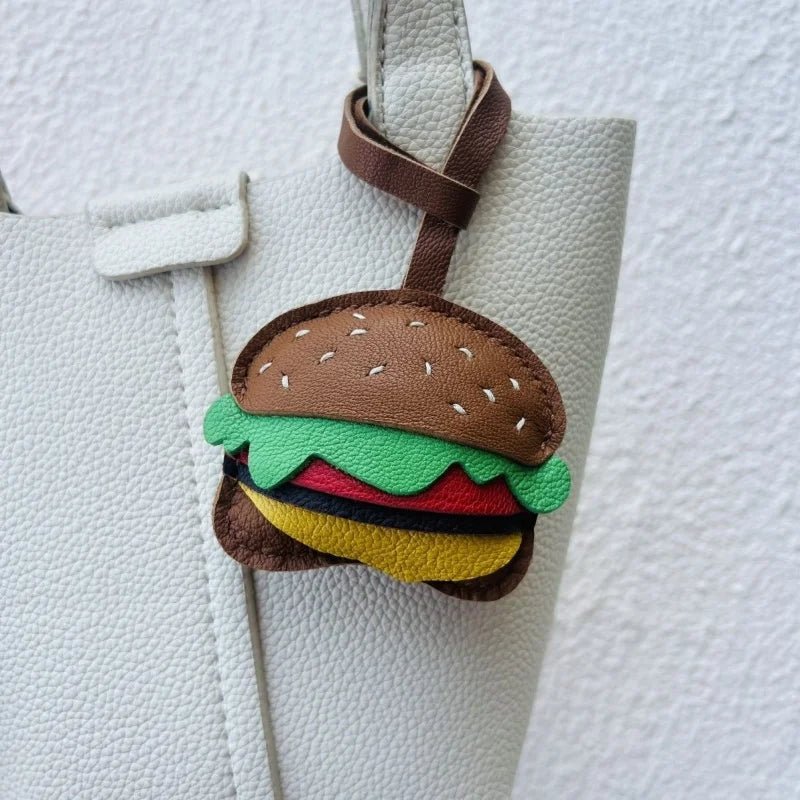 Playful Burger Leather Bag Charm – Handmade Full - Grain Leather Pendant | Creative Fast - Food Accessory | Cute Gift for Women & Couples - Tomlynam