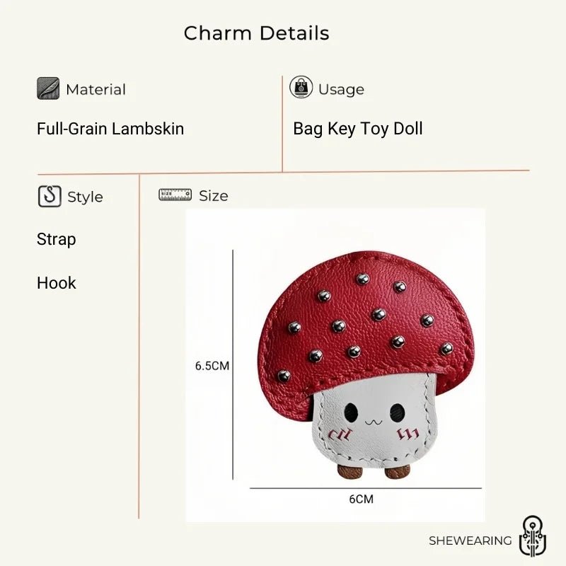 Shiny Red Mushroom Bag Charm – Full - Grain Lambskin, Playful Design, Key Accessory, Whimsical Fairy Tale Gift - Tomlynam