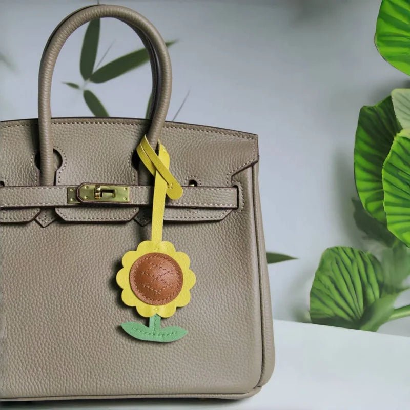 Sunflower Leather Bag Charm – Handmade Lambskin Cartoon Floral Pendant | Cute Keychain for Handbags, Backpacks or Gift Accessories - Tomlynam