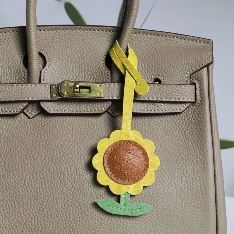 Sunflower Leather Bag Charm – Handmade Lambskin Cartoon Floral Pendant | Cute Keychain for Handbags, Backpacks or Gift Accessories - Tomlynam