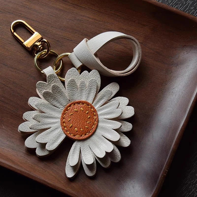 Sunny Daisy Leather Bag Charm – Handmade Top - Grain Lambskin Keychain | Sun - Inspired Flower Pendant | Luxury Handcrafted Accessory for Women - Tomlynam