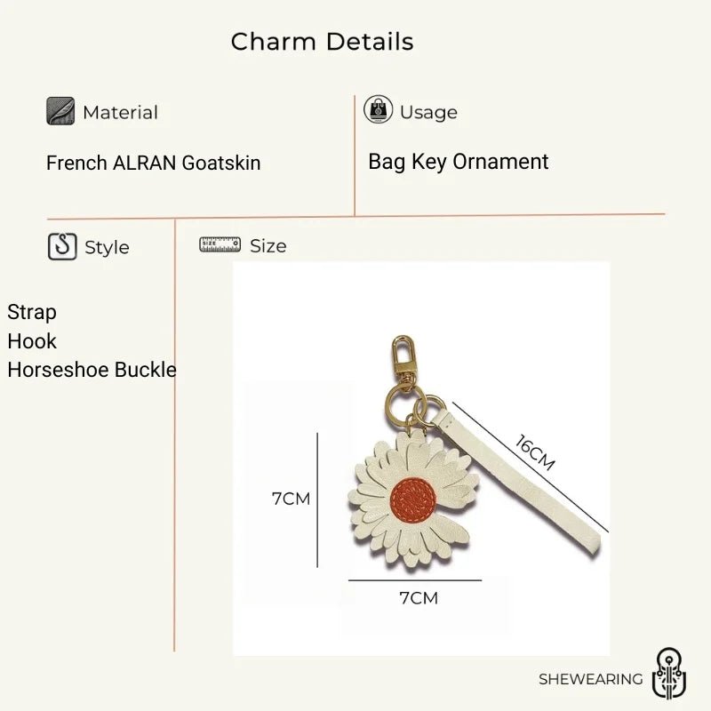 Sunny Daisy Leather Bag Charm – Handmade Top - Grain Lambskin Keychain | Sun - Inspired Flower Pendant | Luxury Handcrafted Accessory for Women - Tomlynam