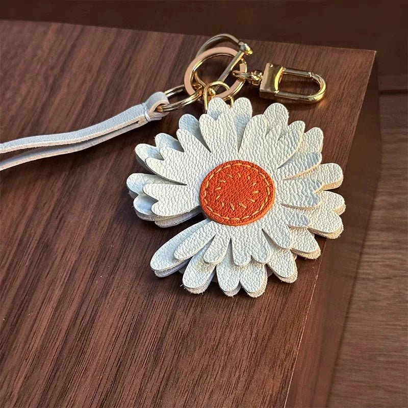 Sunny Daisy Leather Bag Charm – Handmade Top - Grain Lambskin Keychain | Sun - Inspired Flower Pendant | Luxury Handcrafted Accessory for Women - Tomlynam