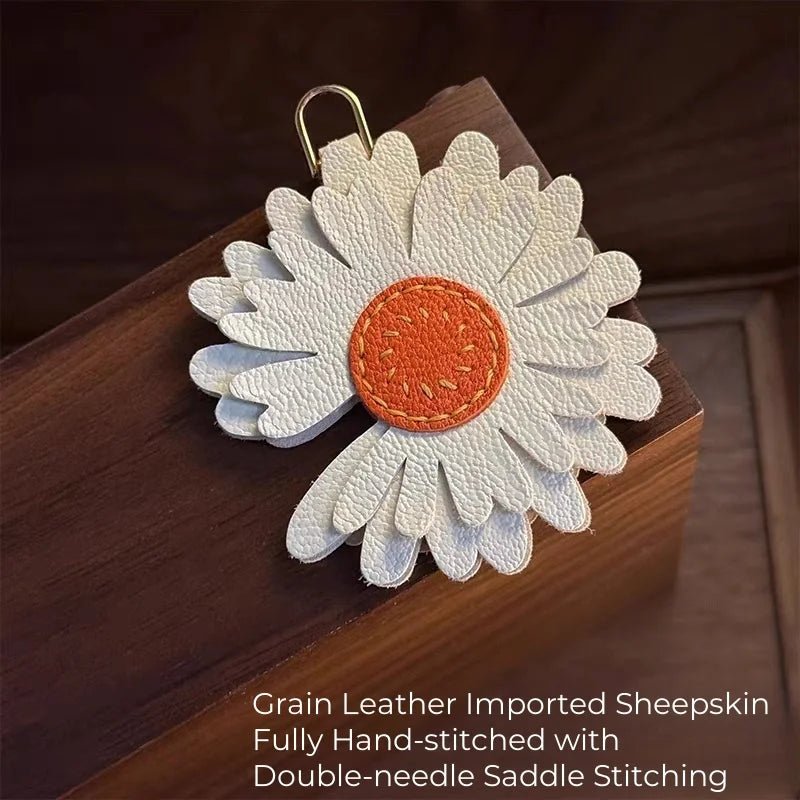 Sunny Daisy Leather Bag Charm – Handmade Top - Grain Lambskin Keychain | Sun - Inspired Flower Pendant | Luxury Handcrafted Accessory for Women - Tomlynam