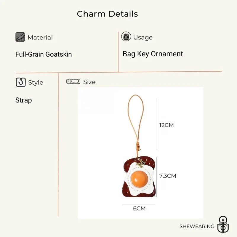 Sunny - Side - Up Toast Leather Bag Charm – Handcrafted Cowhide Pendant | Whimsical Breakfast - Inspired Keychain | Retro Foodie Gift for Women - Tomlynam