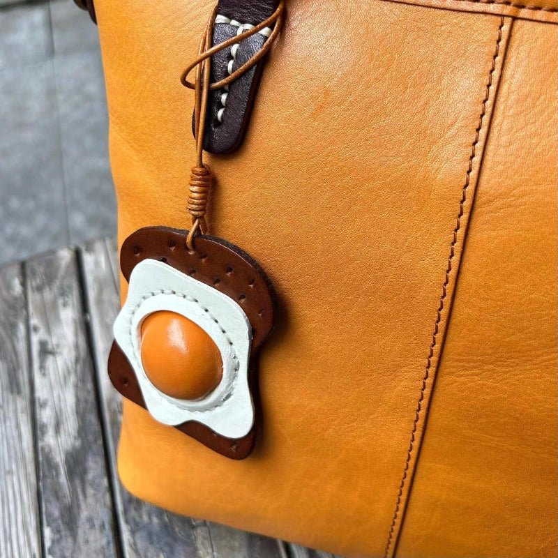 Sunny - Side - Up Toast Leather Bag Charm – Handcrafted Cowhide Pendant | Whimsical Breakfast - Inspired Keychain | Retro Foodie Gift for Women - Tomlynam