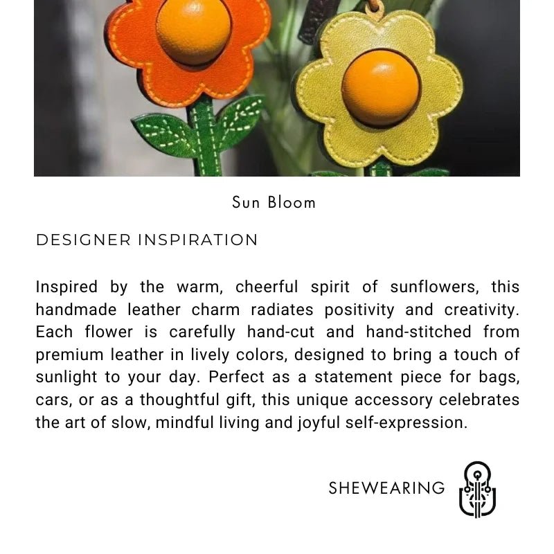 Sunshine Bloom Leather Flower Bag Charm – Artistic Handcrafted Sunflower Pendant | Unique Small - Batch Design | Chic Gift & Car Accessory - Tomlynam