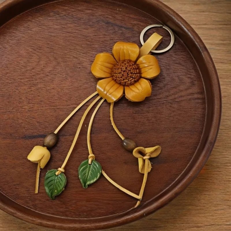 Tibetan Gesang Flower Leather Bag Charm – Handmade Full - Grain Leather Pendant | Ethnic Floral Accessory | Spiritual Boho Keychain Gift - Tomlynam