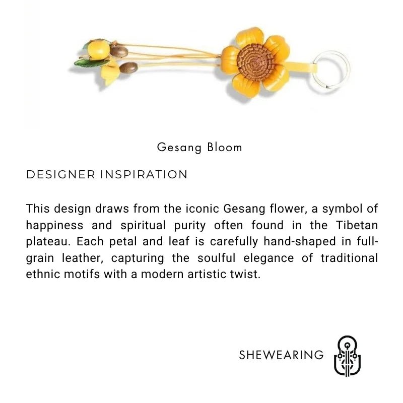 Tibetan Gesang Flower Leather Bag Charm – Handmade Full - Grain Leather Pendant | Ethnic Floral Accessory | Spiritual Boho Keychain Gift - Tomlynam