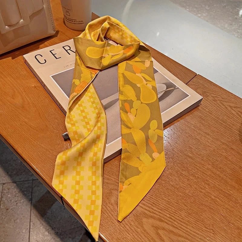 Twilly Scarf Cactus Harmony 100% Silk Bag Handle Ribbon, Wrist & Hair Scarf, 6×125cm Silk Twilly Scarf - Tomlynam