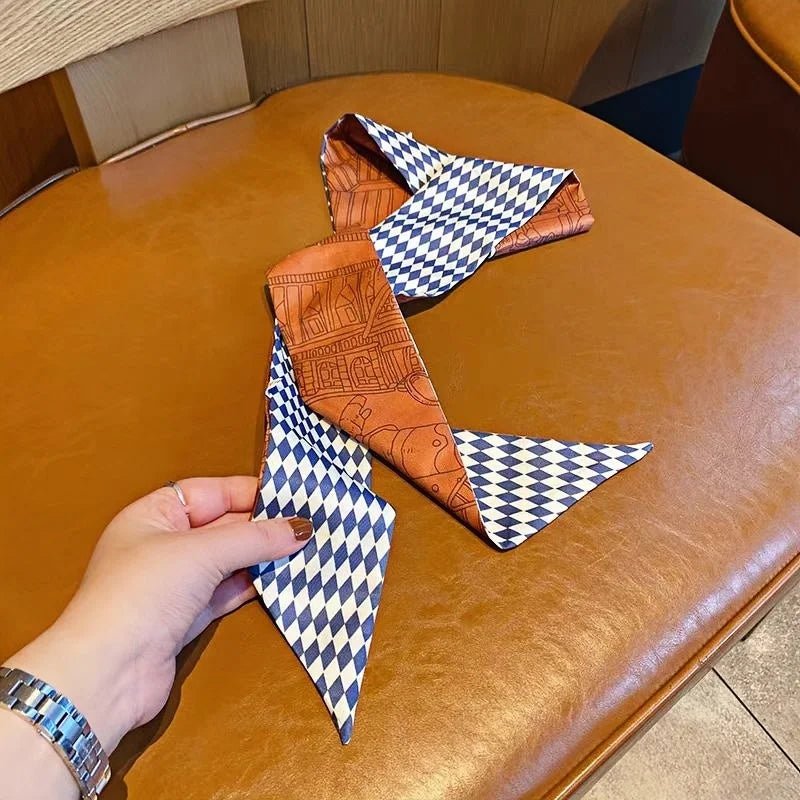 Twilly Scarf Diamond Castle 100% Silk Bag Handle Ribbon, Wrist & Hair Scarf, 7×124cm Silk Twilly Scarf - Tomlynam