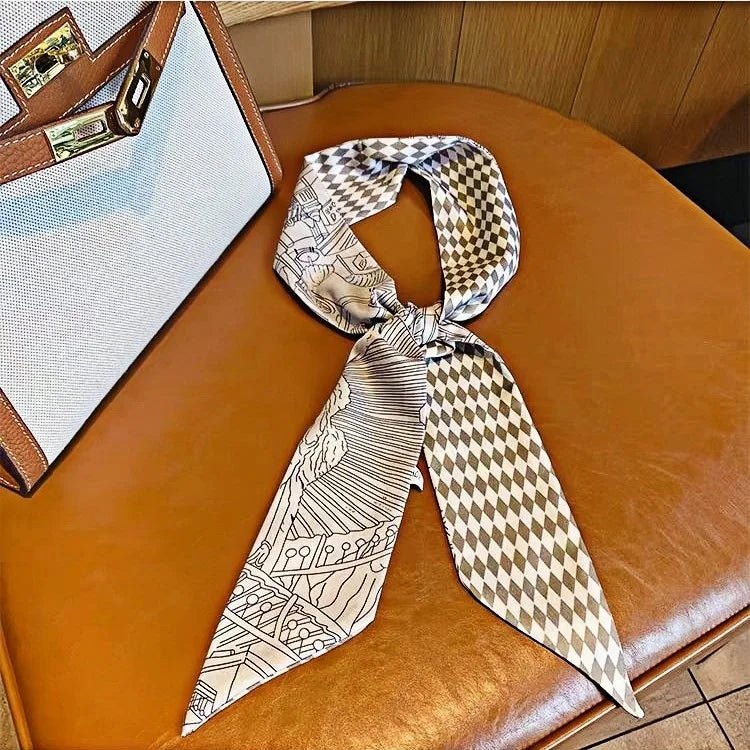 Twilly Scarf Diamond Castle 100% Silk Bag Handle Ribbon, Wrist & Hair Scarf, 7×124cm Silk Twilly Scarf - Tomlynam