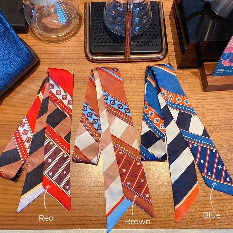 Twilly Scarf Geometric Harmony 100% Silk Bag Handle Ribbon, Wrist & Hair Scarf, 6×105cm Silk Twilly Scarf - Tomlynam