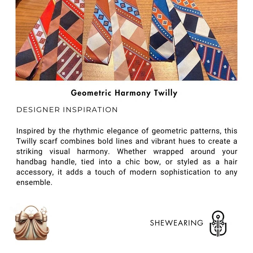 Twilly Scarf Geometric Harmony 100% Silk Bag Handle Ribbon, Wrist & Hair Scarf, 6×105cm Silk Twilly Scarf - Tomlynam