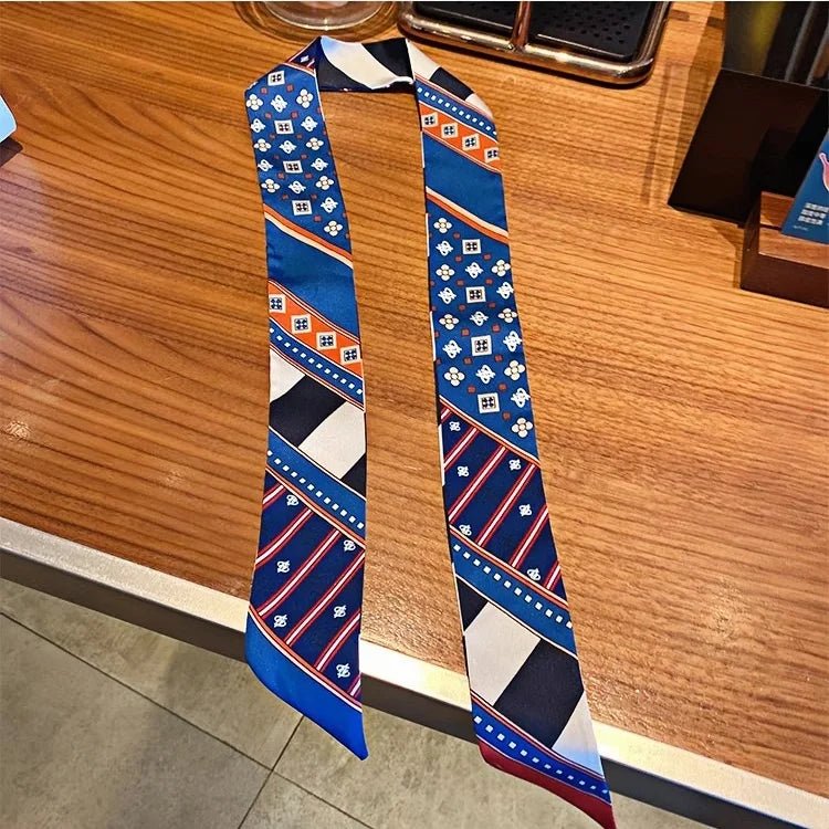 Twilly Scarf Geometric Harmony 100% Silk Bag Handle Ribbon, Wrist & Hair Scarf, 6×105cm Silk Twilly Scarf - Tomlynam