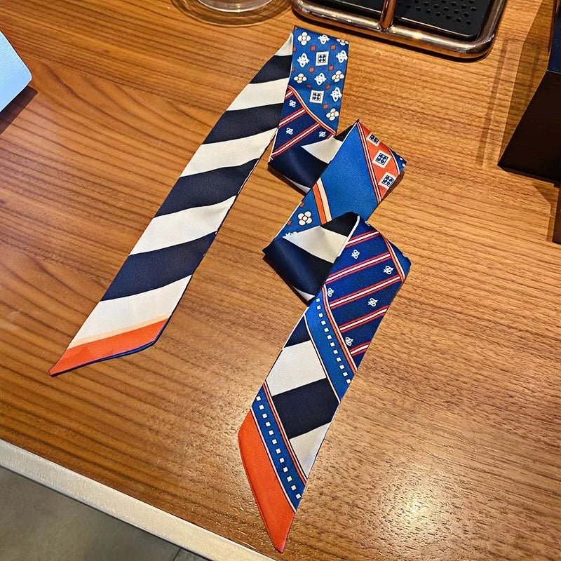 Twilly Scarf Geometric Harmony 100% Silk Bag Handle Ribbon, Wrist & Hair Scarf, 6×105cm Silk Twilly Scarf - Tomlynam