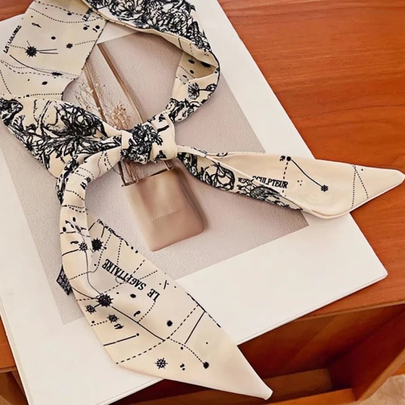 Twilly Scarf Noir & Ivory Vintage 100% Silk Bag Handle Ribbon, Wrist & Hair Scarf, 5×97cm Silk Twilly Scarf - Tomlynam