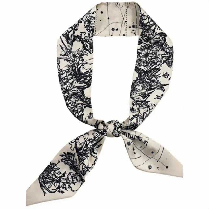 Twilly Scarf Noir & Ivory Vintage 100% Silk Bag Handle Ribbon, Wrist & Hair Scarf, 5×97cm Silk Twilly Scarf - Tomlynam