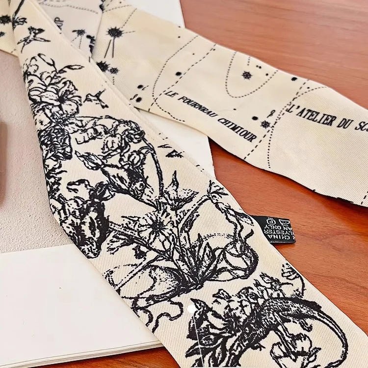 Twilly Scarf Noir & Ivory Vintage 100% Silk Bag Handle Ribbon, Wrist & Hair Scarf, 5×97cm Silk Twilly Scarf - Tomlynam