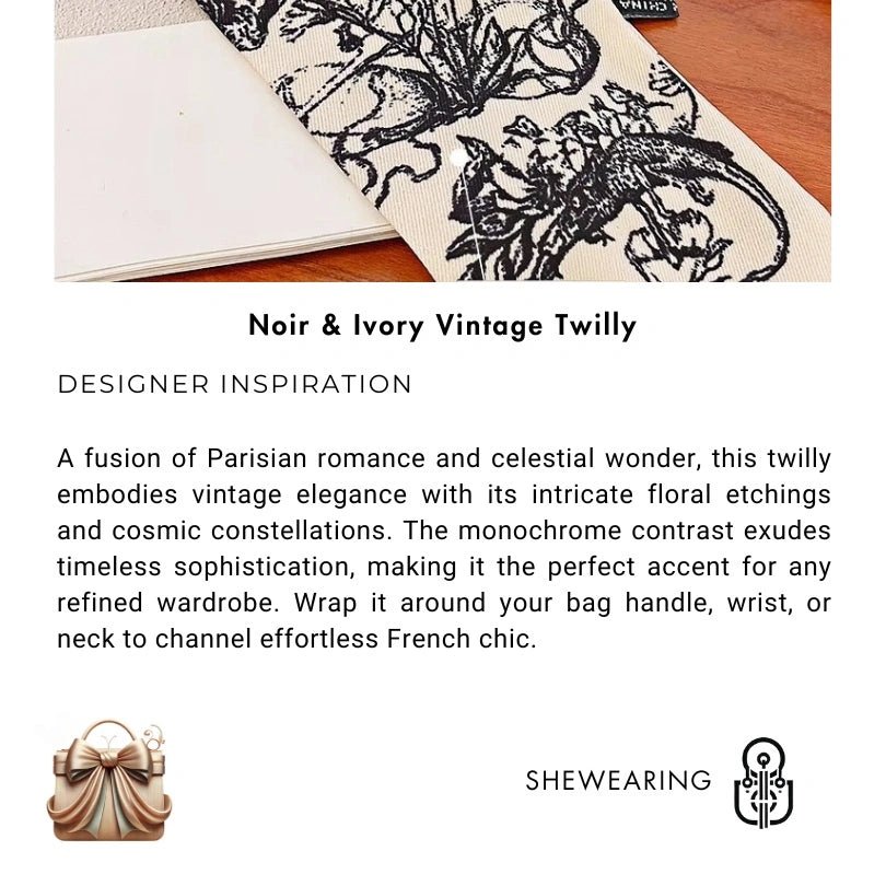 Twilly Scarf Noir & Ivory Vintage 100% Silk Bag Handle Ribbon, Wrist & Hair Scarf, 5×97cm Silk Twilly Scarf - Tomlynam