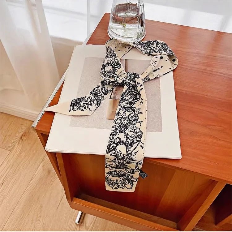 Twilly Scarf Noir & Ivory Vintage 100% Silk Bag Handle Ribbon, Wrist & Hair Scarf, 5×97cm Silk Twilly Scarf - Tomlynam