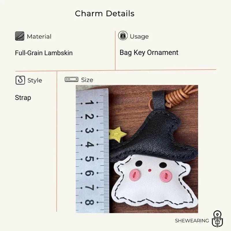 Whimsical Ghostie Leather Bag Charm – Full - Grain Lambskin | Halloween - Inspired Ornament | Cute Backpack & Key Accessory - Tomlynam