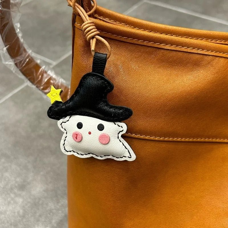 Whimsical Ghostie Leather Bag Charm – Full - Grain Lambskin | Halloween - Inspired Ornament | Cute Backpack & Key Accessory - Tomlynam