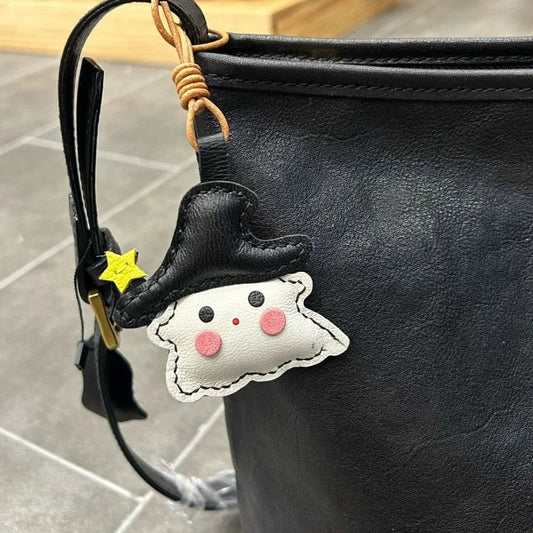 Whimsical Ghostie Leather Bag Charm – Full - Grain Lambskin | Halloween - Inspired Ornament | Cute Backpack & Key Accessory - Tomlynam