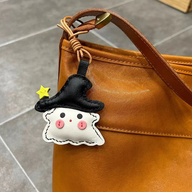 Whimsical Ghostie Leather Bag Charm – Full - Grain Lambskin | Halloween - Inspired Ornament | Cute Backpack & Key Accessory - Tomlynam