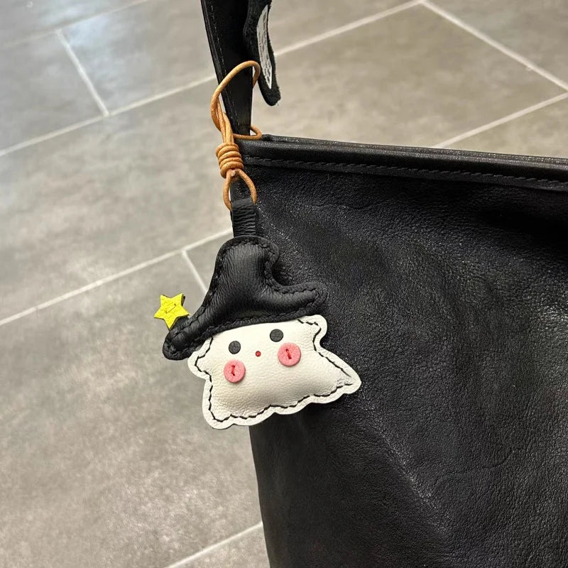 Whimsical Ghostie Leather Bag Charm – Full - Grain Lambskin | Halloween - Inspired Ornament | Cute Backpack & Key Accessory - Tomlynam