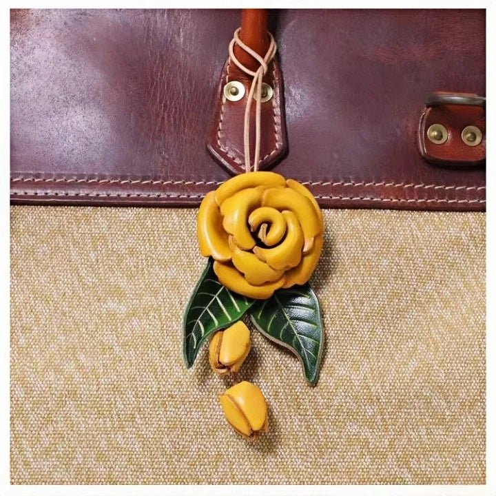 Yellow Rose Leather Bag Charm – Handmade Full - Grain Cowhide Floral Pendant | Hand - Polished Accessory for Tote & Purse Decoration - Tomlynam