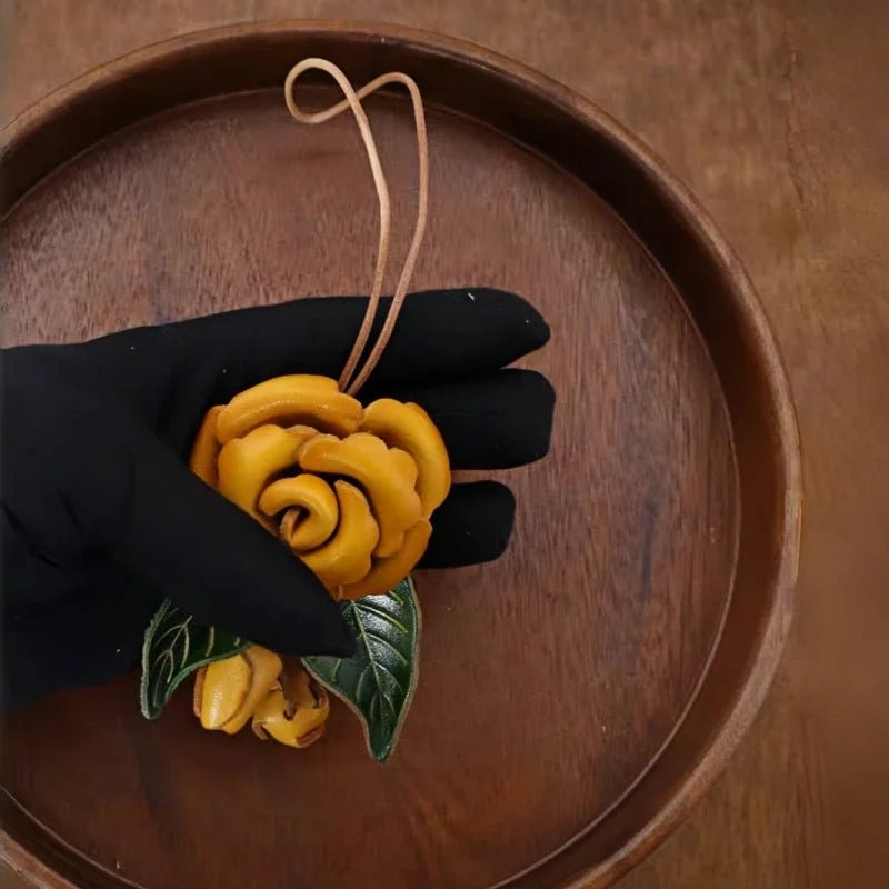 Yellow Rose Leather Bag Charm – Handmade Full - Grain Cowhide Floral Pendant | Hand - Polished Accessory for Tote & Purse Decoration - Tomlynam