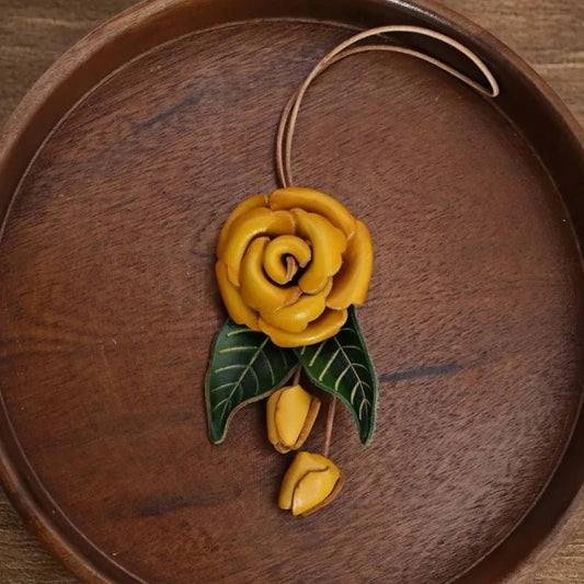 Yellow Rose Leather Bag Charm – Handmade Full - Grain Cowhide Floral Pendant | Hand - Polished Accessory for Tote & Purse Decoration - Tomlynam